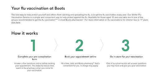 Boots' booking page for activity appointments